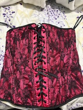 Pink Satin Lace-Up Corset Top with Black Lace Overlay